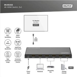 DIGITUS SWITCH HDMI 5IN 1OUT 4K/60Hz HDCP 2.2